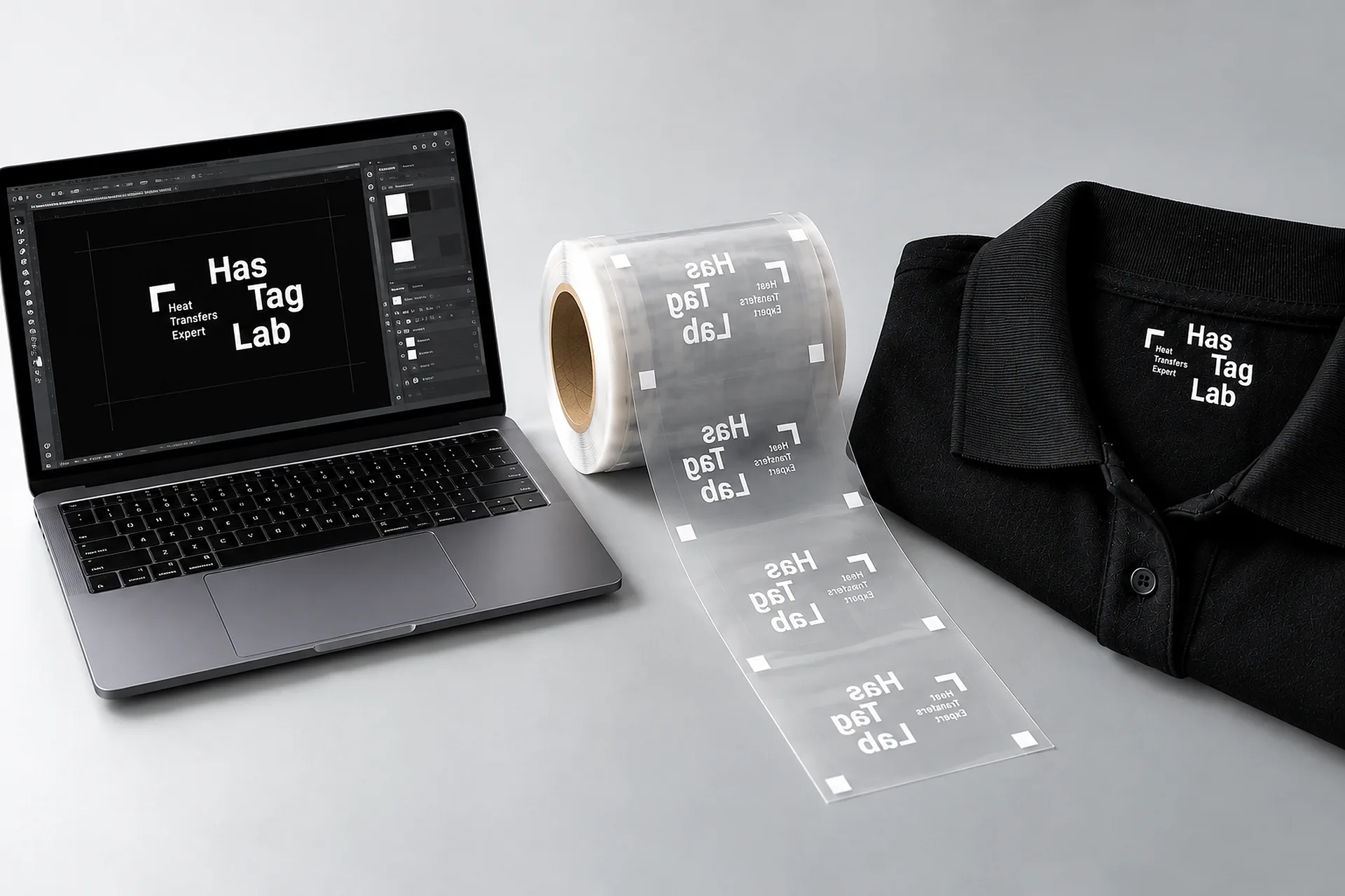 HasTagLab label design on a laptop, a roll of heat transfer samples and a black polo with the applied label
