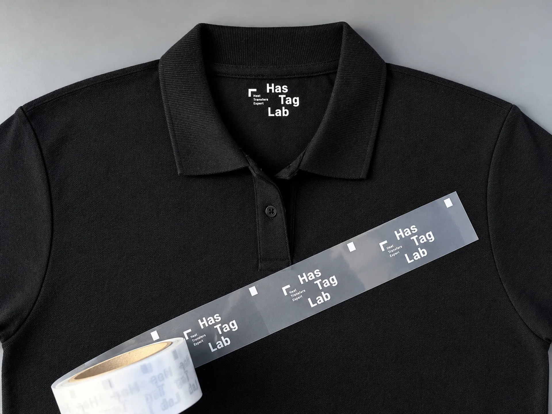 Black polo shirt with a HasTagLab heat transfer label and a roll of labels